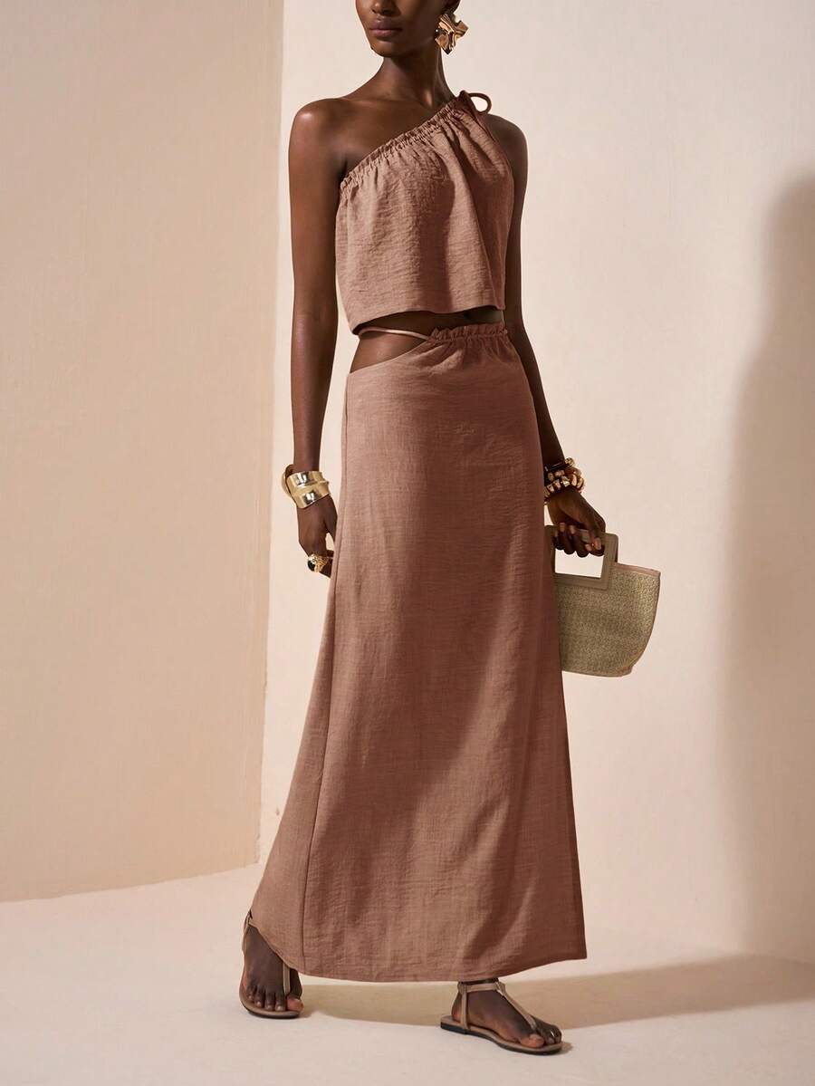 Zivah 2025 夏季新品母亲节、婚礼、生日派对、休闲、度假、街头风格、优雅通勤、商务休闲无袖系带宽松短款上衣和不对称腰部宽松直筒裙套装、竹纤维材质、女士两件套 - 藕粉色 - 查看 1