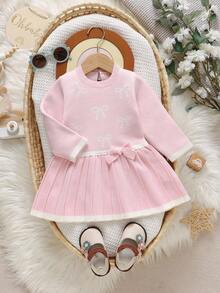 SHEIN Playful Pals Baby Girls' Casual Fashion Cute Pink Bow Pleated Knit Dress, Soft & Comfortable, Suitable For Daily, Outing, Travel, Holiday, Home, Nursery, Autumn/Winter, Christmas, Back To School, Party, Versatile Fall - Baby Pink - View 9