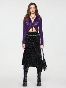 ROMWE Hippie Cárdigan de punto bordado con sol y luna, estilo vintage de bruja de noche misteriosa, con parches de piel de lujo para mujer - Morado - Ver 10
