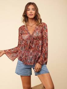 Coeurva Holiday Paisley Print Tie Front Ruffle Hem Women's Summer Shirt - Multicolor - View 1