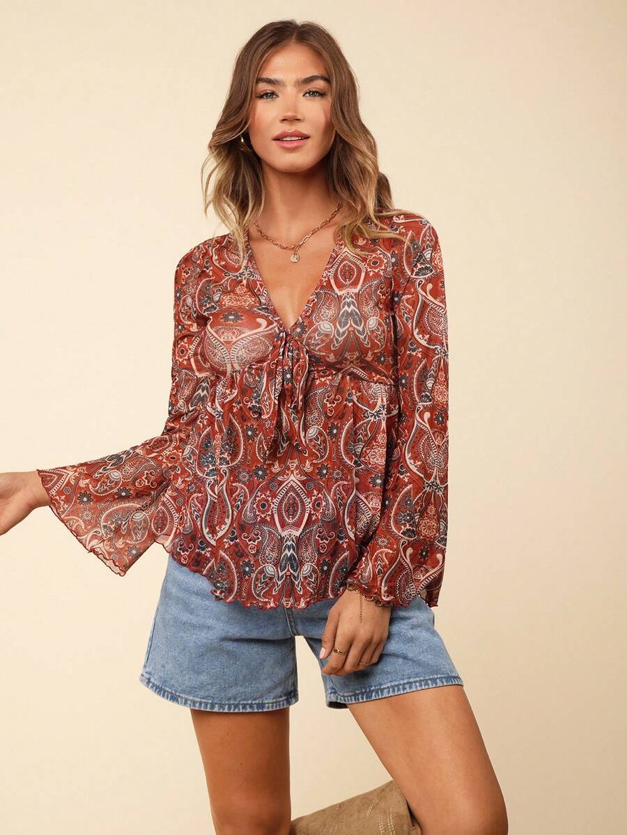 Coeurva Holiday Paisley Print Tie Front Ruffle Hem Women's Summer Shirt - Multicolor - View 1