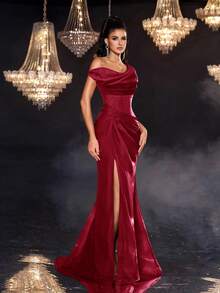 Glamrae 简约红色褶饰透明下摆正式晚礼服 - 紅色 - 查看 5