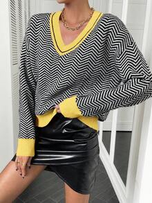 SHEIN LUNE 女式V领撞色波浪针织休闲套头衫 - 黃色 - 查看 4