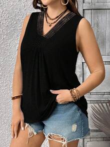 EMERY ROSE Plus Size Women Solid Color Casual V-Neck Lace Patchwork Sleeveless Knit Tank Top - Black - View 6