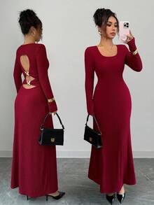 Rafferiza Elegant Burgundy Autumn Party Dress For Women,Slim-Fit Long Sleeve Back Hollow Metal Accessories Banquet Dinner Date Dress,Ladies Fashionable Outfit - Red - View 4