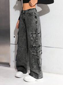 SHEIN 青少年女孩 Y2K 时尚石洗高腰宽松直筒工装牛仔裤，带实用口袋，百搭款式，女孩冬季服装街头服饰 - 灰色 - 查看 5