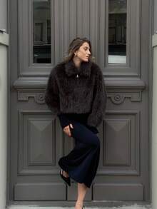 PREMIUM Women's Solid Color Long Sleeve Faux Fur Collar Elegant Jacket, Autumn/Winter - Coffee Brown - View 6