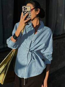 DAZY Women's Casual Commuter Side Tie Denim Blouse Long Sleeve - Light Wash - View 3