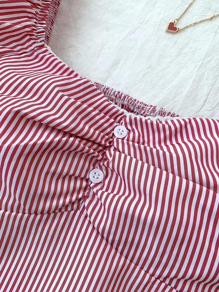 SHEIN 青少年女孩休闲简约舒适格子背带衬衫 - 紅白色 - 查看 4