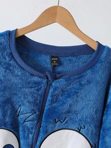 Snug Zone Men's Funny Monster Expression Fleece Blue Furry Long Sleeve Zipper Front Jumpsuit, Cute Graphic Design, Ideal For Fathers To Match With Kids In Winter For Playful Interaction, Fall Winter Funny Fluffy Pajamas, Cozy - Blue - View 3