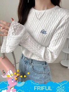 SHEIN X Care Bears FRIFUL 女式圆领喇叭袖撞色蕾丝紧身毛衣，正面有字母刺绣 - 白色 - 查看 2