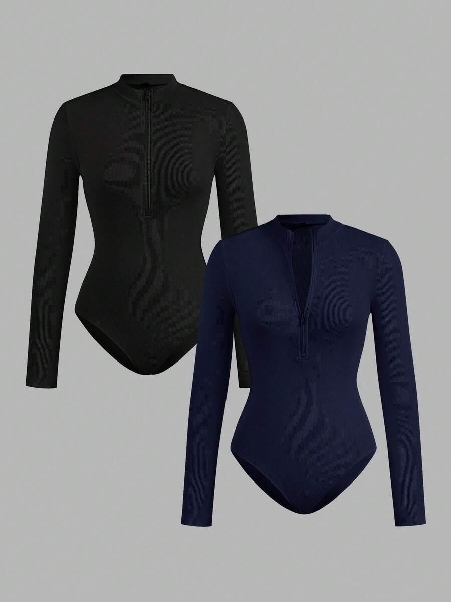 SHEIN EZwear 2pcs Women Black & Navy Blue Zip-Up High Neck Tight Fit Bodysuit Set, Casual Long Sleeve, Suitable For Autumn/Winter,Fall,Black Bodysuit - Multicolor - View 1