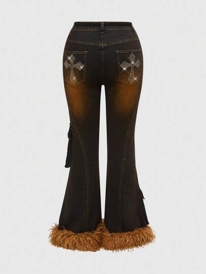 Goth Plus Size Women Vintage Washed Brown Slim Fit Flare Leg Jeans, Grunge-Punk, Distressed Details, School, Plus Size Women Jeans, Cargo Pockets, Flare Leg Patchwork Fleece Long Brown Regular Fit Plus Size Women Jeans, Spring Autumn, Autumn Winter Plus Size Women Bottoms, Casual Daily Wear