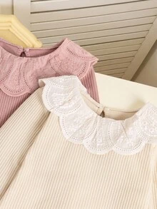 Elladie kids Girls Ribbed Fabric Long Sleeve T-Shirt With Lace Trim Collar, Comfortable Casual Elegant Fashion, Suitable For Spring, Autumn, Winter Fall - Pink - View 6