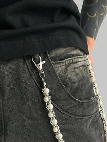 ROMWE Fairycore 1pc Fashionable Casual Minimalist Faux Pearl Pants Chain, Wrapped Iron Alloy Chain, Men's Personalized Accessory, For Pants Decoration, Holiday Gift - Silver - View 2