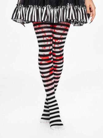 Grunge Punk 1 par de medias con estampado de rayas negras y blancas con manchas de sangre, estilo gótico