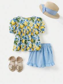 Joliand Joliand Tween-Mädchen 2-teiliges Set mit elegantem urbanem tropischem Blumendruck, Oberteil mit Puffärmeln und blauen Shorts mit Rüschensaum, geeignet für Ausflüge, Partys, Strand und Sommer - Verschiedenfarbig - Übersicht 2