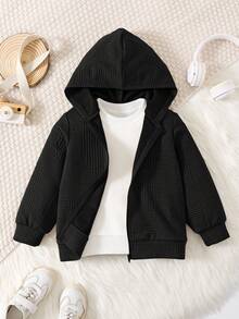 儿童/青少年男孩休闲日常百搭舒适拼接连帽长袖开衫夹克 - 黑色 - 查看 3