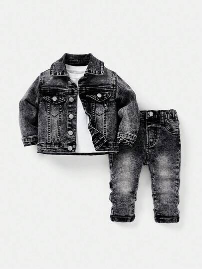 SHEIN Baby Boy 2pcs/Set Distressed Casual Black Denim Fashionable Stonewashed Lapel Long Sleeve Jacket & Cuffed High Stretch Skinny Jeans Set,Leisure And Versatile For Baby Fall/Winter Dailywear Costume,Boys Streetwear Outfits,Boys Halloween And Christmas Outfits,Winter Jeans,Boys Jeans