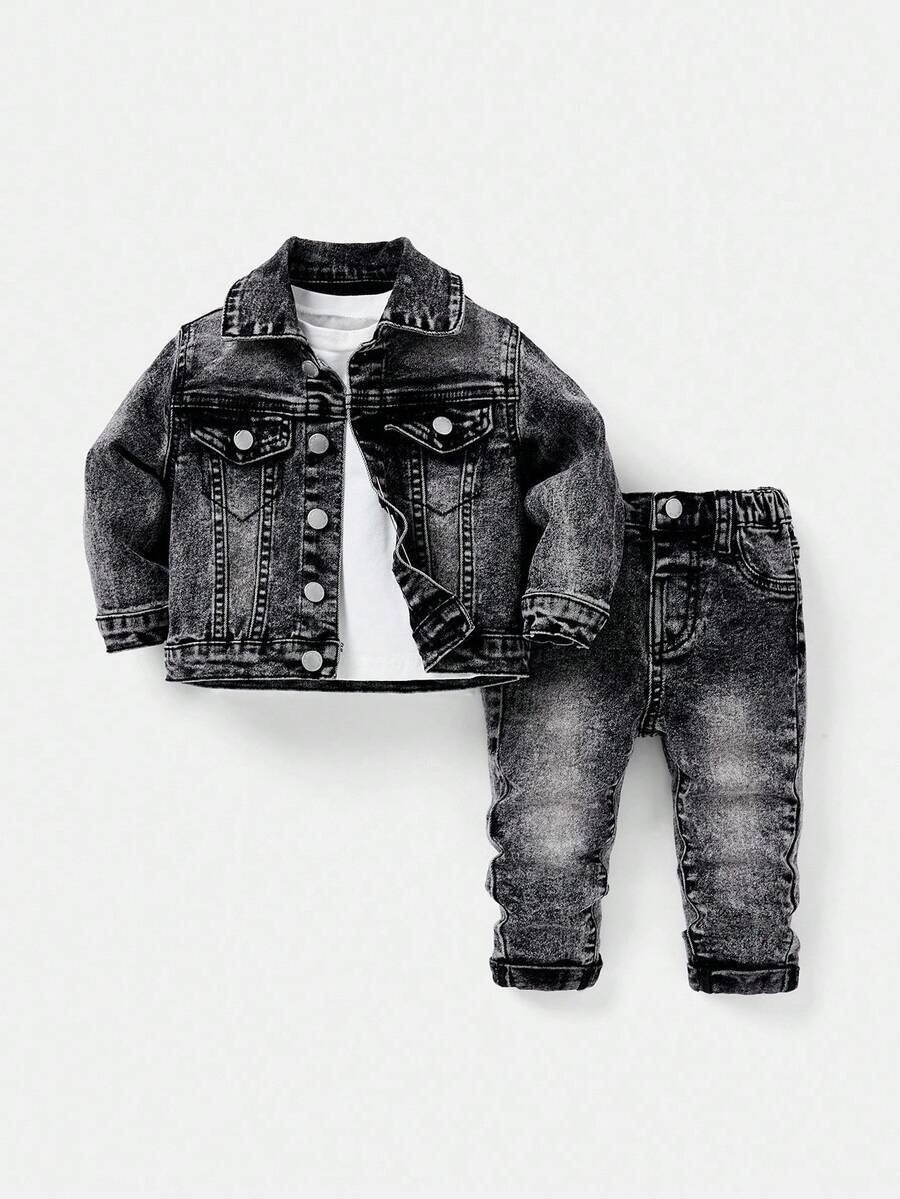 SHEIN 男婴两件套/组，做旧休闲黑色牛仔时尚水洗翻领长袖外套和卷边高弹力修身牛仔裤，休闲百搭，适合宝宝秋冬日常穿着，男童街头风服装，男童万圣节和圣诞节服装，冬季牛仔裤，男童牛仔裤 - 黑色 - 查看 1