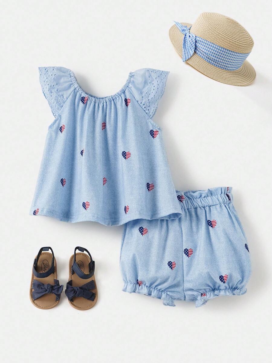 Joliand Joliand 2 件/套 女婴优雅城市学校爱国心旗印花针织无袖宽松上衣和阔腿短裤，适合日常休闲、独立日、旅行、海滩 7 月 4 日 7 月 4 日美国国旗 美国国旗 美国国旗 爱国旗帜 老荣耀 独立日