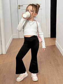 SHEIN 少女黑色纯色高腰喇叭裤，适合居家休闲、户外运动，可搭配运动服，适合秋冬季、上学、日常穿着。喇叭裤，黑色喇叭裤，秋季喇叭打底裤，黑色半身裙，喇叭裤打底裤。 - 黑色 - 查看 3