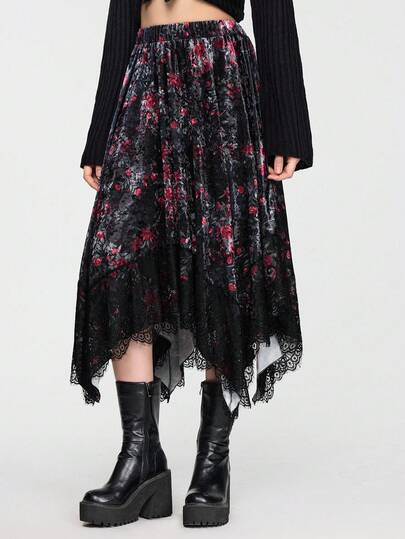 EDITION Jupe mi-longue évasée en velours à motif floral vintage avec dentelle pour femmes