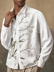 AKNOTIC Men's Plant Embroidery Faux Pearl Decor Long Sleeve Casual Shirt, For Fall - White - View 3