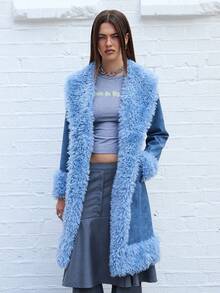 COUREZ 仿皮草长款大衣 /Y2K 秋季女装 冬季女装 女士冬季夹克 女士冬季外套 - 藍色 - 查看 5