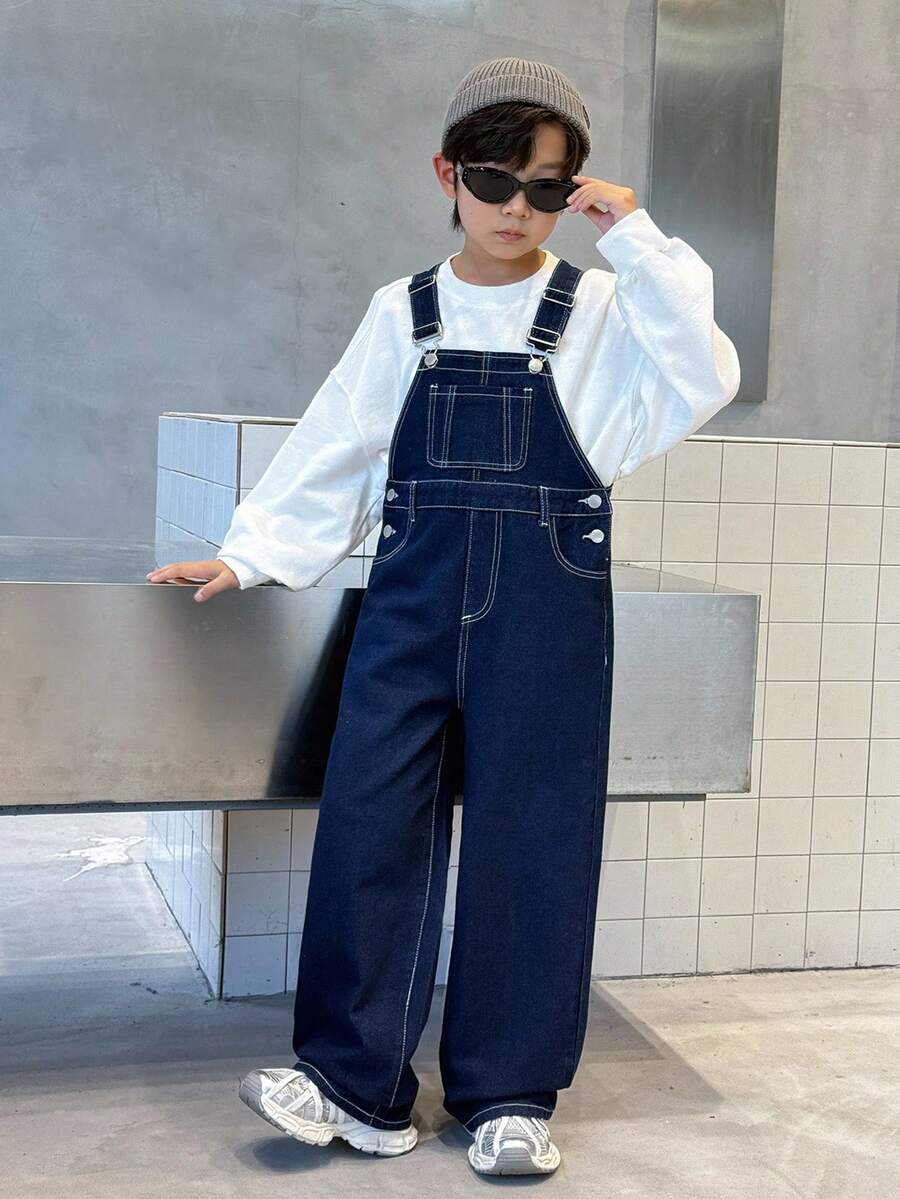 SHEIN Tween Boy Fashion Casual Y2k Vintage Cool Street Returns To School College Simple Basic And Comfortable Blue Denim Overalls And Jumpsuits Clothes Soft Daily Wear And Kids Summer And Fall Rave Outfits Festival And Beach Outfits Streetwear School Clothes Winter