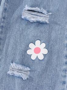 Sparklyn Tween Girls' Flare Leg Jeans, Retro Street Fashion Sweet & Cute Casual Daily School Style Recommended, Pink Bow + Floral Print Design Adorable & Playful, Distressed Details Add Street Flair, Elastic Waistband For Comfort, Asymmetric Waist Design, Loose Fit Flattering, Suitable For Outings, Dates, Beach Vacations, Daily School Looks, Or Hangouts With Friends Fall Winter