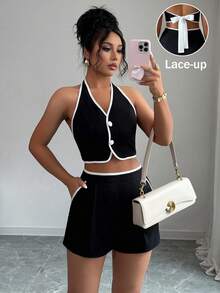 SHEIN PETITE Summer New Sexy Contrast Color Trim Backless Tie Crop Top + Shorts With Slant Pockets Contrast Trim Women 2 Pieces Set - Black - View 1