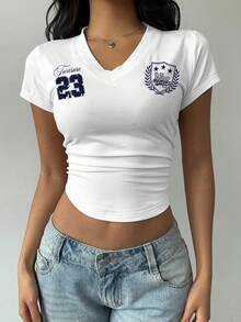 Attitoon Plus Size Casual Minimalist Numeric Print V-Neck Short Sleeve T-Shirt