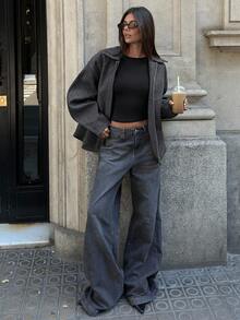 Aloruh 女款秋冬新款翻领拉链深灰色羊毛宽松常规外套 - 深灰色 - 查看 5