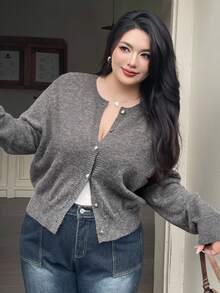 Dazy Plus Plus Size Women's Solid Color Round Neck Button Up Loose Long Sleeve Cardigan Sweater, Autumn/Winter