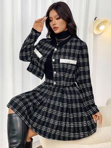 Firerie 大码女士优雅通勤工作服精致高端下午茶略带性感约会音乐会学院复古黑白格子印花长袖夹克和褶皱迷你裙，秋季/冬季开学装法兰绒星期三亚当斯