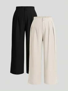Elaquor Plus Size Women's Solid Color Pleated Wide Leg Casual Pants, Women's Trousers, Button, Zipper Trousers, Elastic Back Waist Trousers, Office Trousers For Women Spring To Summer - Apricot - View 1