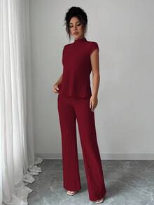 Elenzga 2 piezas Conjunto de top y pantalones acanalados de unicolor elegante y casual para mujer - Burdeos - Ver 5