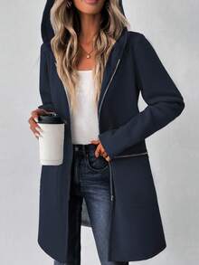 EMERY ROSE 女式秋季长袖连帽夹克，落肩，卫衣材质，拉链装饰，中长款，休闲 - 藏蓝色 - 查看 3