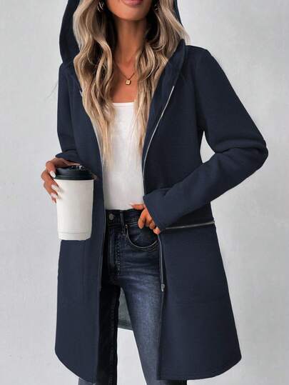 SHEIN LUNE Jaket Hoodie Lengan Panjang Wanita Musim Gugur, Bahu Longgar, Bahan Sweatshirt, Dekorasi Resleting, Panjang Sedang, Kasual