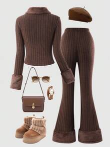 SHEIN Sparklyn 2pcs Vintage Casual Set: Fitted Striped Lapel Fuzzy Long Sleeve Button-Up Cardigan Top And Solid Color Flare Pants For Teen Girls, Fall, Fall Outfits - Brown - View 3