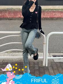 FRIFUL SHEIN X Care Bears 2 件女式字母刺绣荷叶边下摆吊带背心和开衫套装 - 黑色 - 查看 5