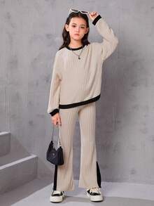 SHEIN Serisse Kids Tween Girl Contrast Ribbed Long Sleeve Loose T-Shirt And Flare Pants 2 Pieces Set