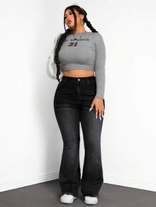 SHEIN CURVE+ 大码休闲水洗修身喇叭牛仔裤 - 黑色 - 查看 5