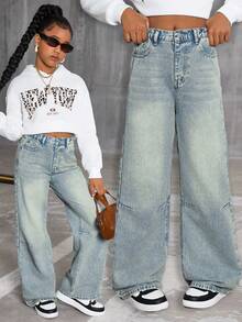 SHEIN Sparklyn Jeans anchos de pierna recta con diseño de pespunte de contraste amarillo y lavado azul, de ajuste holgado, para niñas. Adecuados para salidas casuales y uso al aire libre en primavera, otoño e invierno