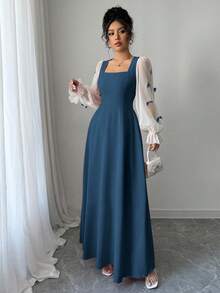 Modelyn 女式异质面料拼接蝴蝶结装饰3D花卉腰部收腰中长连衣裙 - 藏蓝色 - 查看 3