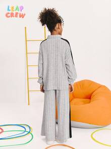 SHEIN 2pcs Tween Girls' Casual Colorblock Outfit, Girls' Spring/Autumn Loose Fit Button, Side Stripe, Zipper Long Sleeve Oversized Gray Sweatshirt & Jogger Pants Set, Casual Daily Wear Kids Loungewear Fall Winter