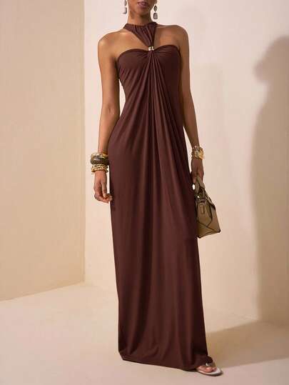 Zivah New Spring/Summer New Arrival Music Festival, Easter, St. Patrick's Day, Western, Nomadic, Birthday Party, Graduation, College Style, Student, Daily Casual, Basic, Leisure, Vacation, Cruise Travel, Beach, Sunbathing, Viral , Streetwear, Wedding Guest Boho, Commute, Brunch, Airport, Green Halter Backless Maxi Dress With Metal Ring Decor