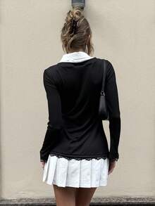 Pariaura 女式秋季性感紧身黑白蕾丝花边腰部收紧长袖迷你连衣裙 - 黑與白 - 查看 2