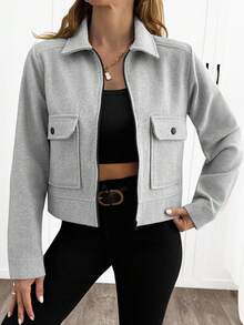 EURMUSE 1 Áo khoác nữ tay dài màu xám có khóa kéo, túi thường ngày, kiểu dáng áo khoác ngoài thanh lịch - Xám - Xem 1